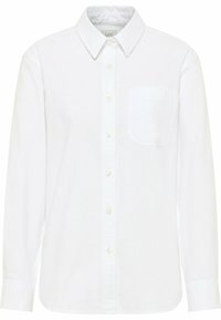 Chemise blanche à manches longues en coton avec un col classique, dotée d'une poche poitrine et d'une fermeture à boutons.