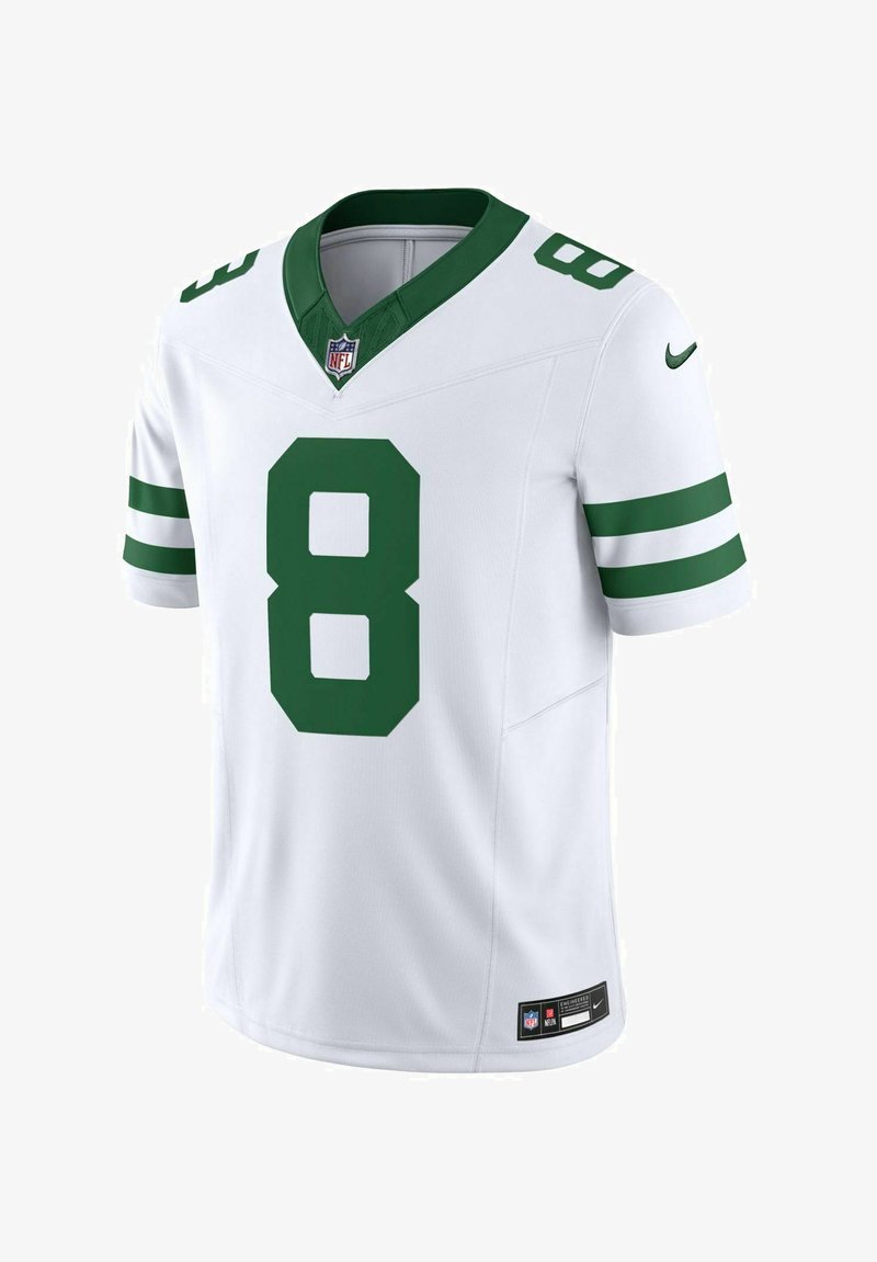Maillot de football blanc avec des accents verts, portant le numéro 8 en évidence à l'avant et sur les manches. Fabriqué en tissu respirant, logo Nike affiché.