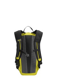 Schwarzer und gelber Rucksack mit Netzpolsterung, verstellbaren Trägern und einem zentralen Griff. Verfügt über ein schlankes Design und eine strukturierte Oberfläche.