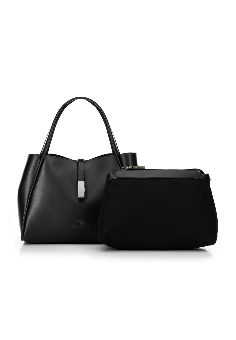 Schwarze Lederhandtasche mit doppelten Griffen neben einem kleineren schwarzen Reißverschlussbeutel, beide mit minimalistischem Design auf weißem Hintergrund.