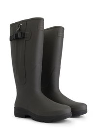 Zwarte rubberen laarzen met een gestructureerd oppervlak, een lage zool met profiel, verstelbaar banddetail en een afgeronde teenvorm.