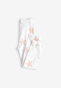 White leggings with light pink star patterns folded on a white background.