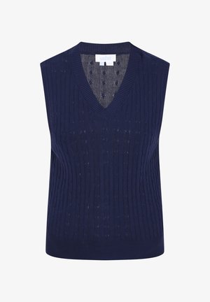 Námornícky bezrukávový sveter s výstrihom do V, so žebrovanou textúrou a jemným vertikálnym úpletovým vzorom, vyrobený z mäkkej tkaniny.