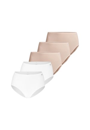 Fünf Paare nahtloser Damenunterwäsche in Weiß und Beige, in versetzter Reihe auf weißem Hintergrund angeordnet.