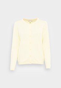Jasnożółty kardigan wykonany z miękkiej dzianiny, z okrągłym dekoltem, długimi rękawami i zapięciem na guziki z przodu. Prosty fason bez wzorów.