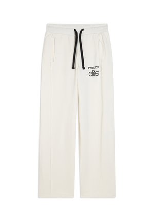 Pantalones deportivos blancos de pierna ancha con cordón negro y bolsillos delanteros, con "FREDDY elite" impreso en el muslo izquierdo.
