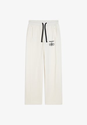 Pantalones deportivos blancos de pierna ancha con cordón negro y bolsillos delanteros, con "FREDDY elite" impreso en el muslo izquierdo.