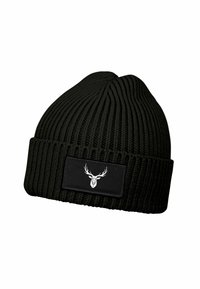 Black knitted beanie with folded edge featuring a rectangular patch displaying a white geometric deer head logo.