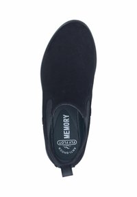 Schwarze Slipper mit einem weichen Wildlederoberteil, runder Zehenpartie, elastischen seitlichen Einsätzen und einer Gedächtnisschaum-Einlegesohle. Stoßdämpfendes Design, glatte Textur.
