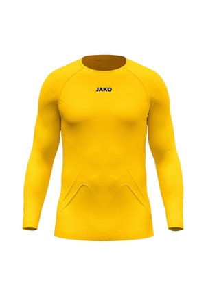 Gelbes langärmeliges Sportshirt mit schwarzem "JAKO" Logo auf der Brust, mit einem taillierten, nahtlosen Design.