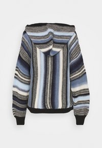 Felpa con cappuccio a strisce orizzontali in blu, nero e bianco. Tessuto a maglia testurizzato con polsini e orlo a costine.