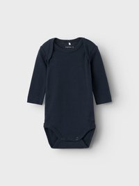 Langermet marineblå bodysuit laget av myk bomull, med trykknapper nederst og rund hals for enkel påkledning.