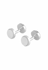 Silver cufflinks with a round disc design, smooth surface, and thin rod connection. Polished finish gives a reflective quality.