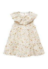 Vestido de bebé sin mangas de color blanco con cuello fruncido, que presenta un pequeño patrón floral en amarillo y verde y una falda en capas.