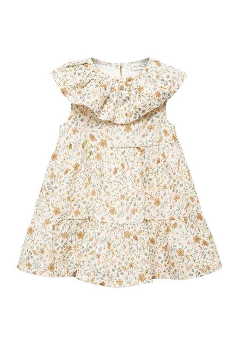 Vestido de bebé sin mangas de color blanco con cuello fruncido, que presenta un pequeño patrón floral en amarillo y verde y una falda en capas.