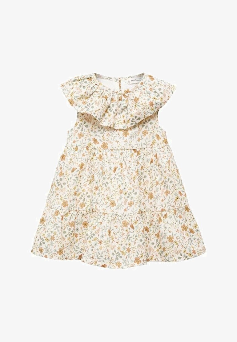 Vestido de bebé sin mangas de color blanco con cuello fruncido, que presenta un pequeño patrón floral en amarillo y verde y una falda en capas.