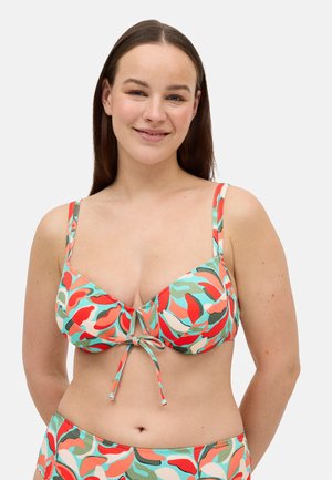Sujetador de bikini colorido con un patrón floral en tonos rojos, verde menta y beige. Estilizado con tirantes anchos y un detalle de lazo en la parte delantera.
