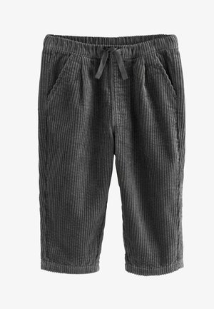 Graue Cordshorts mit elastischem Bund, Kordelzug und zwei Seitentaschen. Vertikale gerippte Textur im gesamten Stoff.