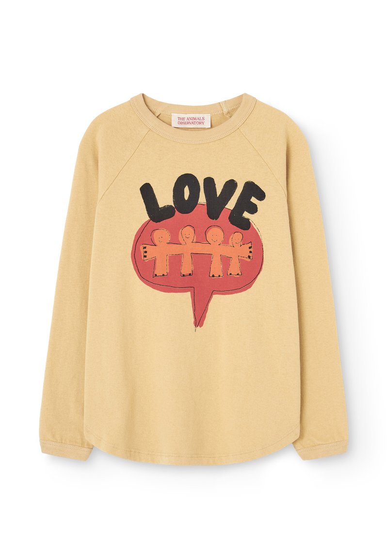 Camicia beige a maniche lunghe con un fumetto rosso contenente quattro figure stilizzate collegate e la parola "AMORE" in grassetto nero sopra.