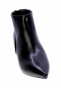 Stivaletto alla caviglia in pelle nera con punta appuntita e silhouette elegante, caratterizzato da una texture liscia e senza elementi metallici visibili.