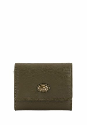 Olive green leather wallet with a textured finish, gold hardware accent, and an oval logo detail on the front. Tri-fold design.
