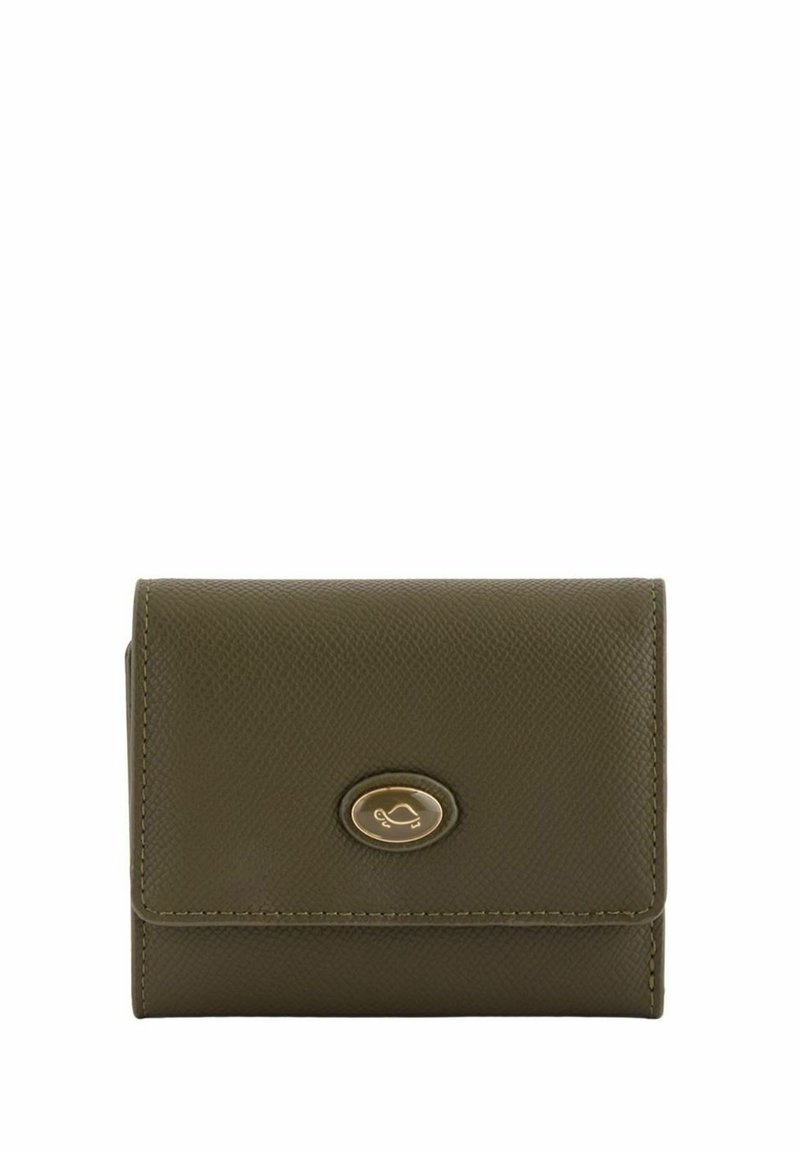 Cartera de cuero verde oliva con acabado texturizado, acentos en dorado y detalle del logo ovalado en la parte frontal. Diseño de tres pliegues.