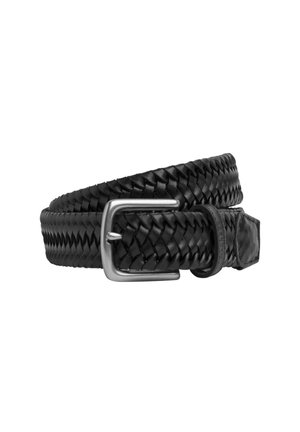 Black braided leather belt with a silver metal buckle, featuring a smooth texture and rounded edges. The design is compact and flexible.