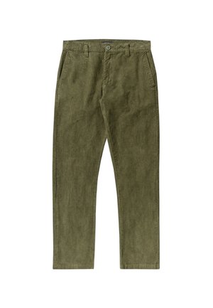 Olive green corduroy pants with a straight leg design, front pockets, and a single button closure at the waistband.