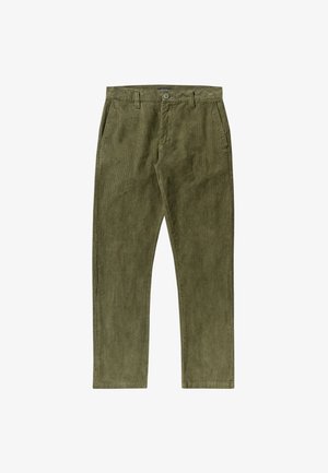 Pantalons en velours côtelé vert olive avec une coupe droite, poches avant et fermeture à un bouton au niveau de la taille.