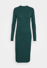 Robe tricotée ajustée vert foncé, manches longues, longueur genou, avec un col rond haut, sur un fond uni.