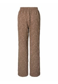 Braon teksturirane hlače s elastičnim pojasom, s naboranim uzorkom i širokim nogavicama za opušteni izgled. Materijal se čini laganim.