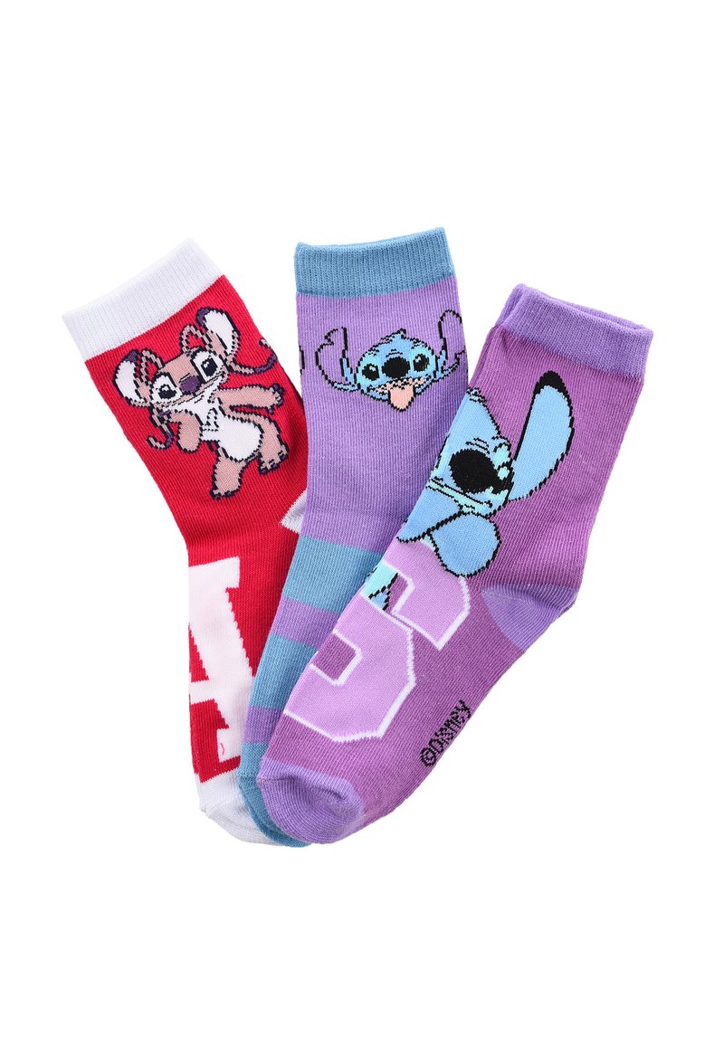 Tres pares de calcetines de algodón coloridos que presentan personajes de dibujos animados. Calcetín rojo con acentos blancos y un personaje, azul con rayas y morado con patrones.