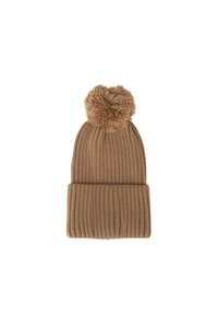 Bruine gebreide beanie met een ronde pompon bovenop. Heeft een geribbelde structuur en een omgeslagen rand. Gemaakt van zacht, warm materiaal.