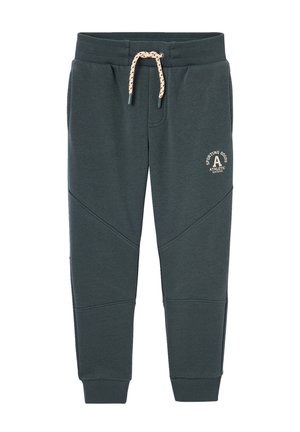 Dark gray athletic jogger pants with ribbed cuffs, a drawstring waist, and a white logo on the upper thigh reading "Sporting Goods Athletic Division."