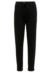 Schwarze, schmal zulaufende Jogginghose aus weichem Material, mit einem elastischen Bund und Kordelzug sowie vorderen Falten für zusätzliche Details.