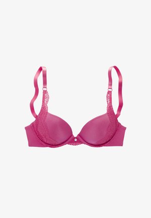 Reggiseno imbottito rosa con bordo in pizzo, coppe lisce, spalline in satin regolabili e una piccola decorazione a forma di gioiello al centro.