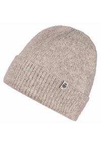 Light beige knit beanie made of soft wool, featuring a ribbed cuff and a small logo tag sewn on the side. Warm and textured finish.
