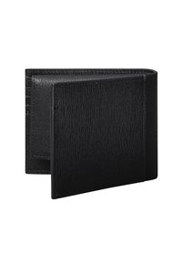 Portafoglio in pelle nera con finitura testurizzata, design a due ante e cuciture visibili. Presenta uno scomparto per carte e una struttura elegante e minimalista.