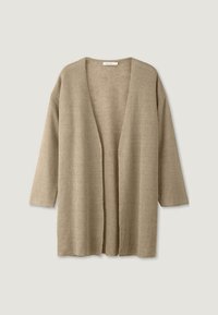 Beige, öppen cardigan i ribbat stickat tyg. Har långa ärmar och en avslappnad passform med en mjuk textur.