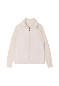 Chaqueta de pelo sintético en beige claro con mangas de punto acanalado, cierre de cremallera en la parte delantera y dos bolsillos laterales. Presenta un cuello suave y una textura sutil.