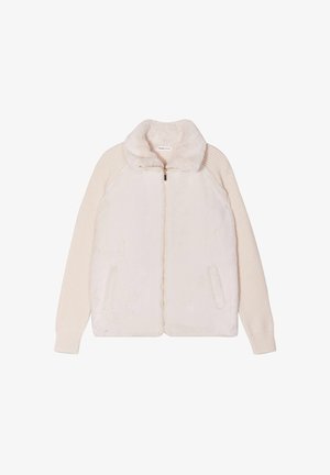Faux-Fur-Jacke in Hellbeige mit gerippten Strickärmel, Reißverschluss vorne und zwei seitlichen Taschen. Besitzt einen weichen Kragen und eine dezente Textur.