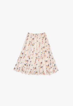 Krēmkrāsas plisēta svārku ar krāsainiem ziedu rakstiem, viegla auduma, vidēja garuma dizains, elastīga jostasvieta un mīksta tekstūra.