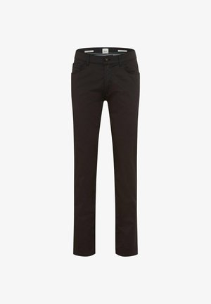 Schwarze Hose mit geradem Bein, Vorderknöpfen und Reißverschluss, Gürtelschlaufen sowie seitlichen und hinteren Taschen, auf weißem Hintergrund dargestellt.