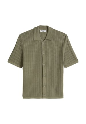 Korte mouws trui in olijfgroen met knoopsluiting aan de voorkant en een open geweven verticaal streeppatroon, kraag en Marc O’Polo Denim-label.