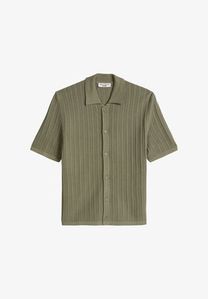Korte mouws trui in olijfgroen met knoopsluiting aan de voorkant en een open geweven verticaal streeppatroon, kraag en Marc O’Polo Denim-label.