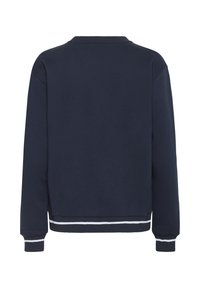 Marineblauwe sweatshirt met een ronde hals, lange mouwen en ribgebreide manchetten. Voorzien van een witte gestreepte rand op de tailleband en manchetten.
