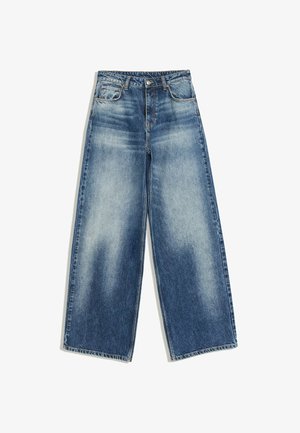 Bershka, RIPPED HIGH-WAIST WIDE-LEG - JEANS - Wide Leg - dark blue