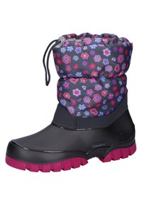 Schwarzer und lila wasserdichter Stiefel mit einem blumenmusterhaften Stoff-Oberteil, das am Knöchel mit einem Zugband zusammengezogen ist, und einer strukturierten rosa Sohle.