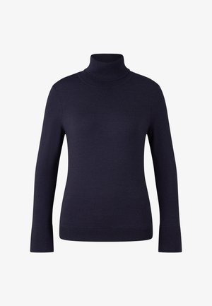 Dunkelblaues Langarm-Turtleneck-Sweater mit geripptem Kragen, Bündchen und Saum, auf einem weißen Hintergrund präsentiert.
