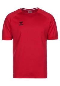 Rode sporttrui met korte mouwen van lichtgewicht stof, voorzien van een ronde hals, mesh-accenten en een zwart logo op de borst.